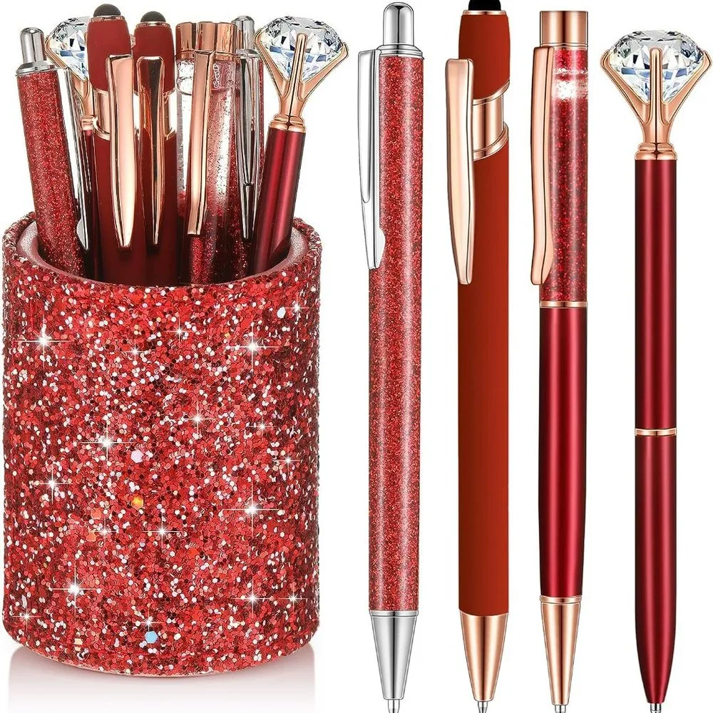 NWT Sparkling Bling Glitter Cup With 8 Ballpoint Pen Set Desk Set + FREE Gift